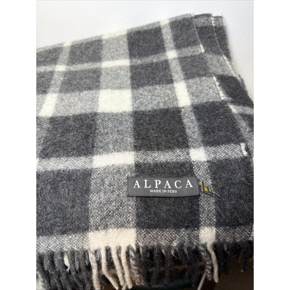 Alpaca Wool Gray And White Plaid Throw Blanket Fringe 62'' x 51'' Farmhouse Cozy